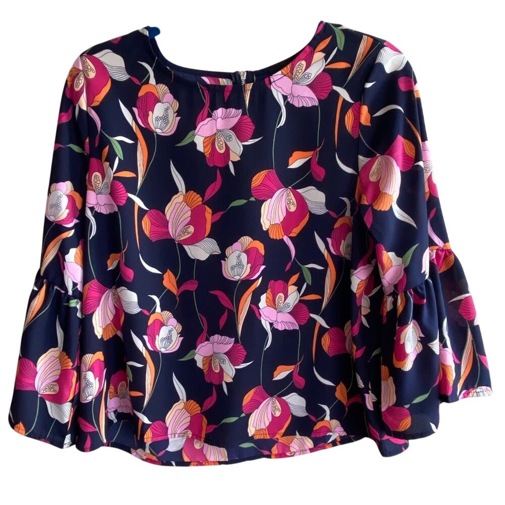 Anthropologie W5 Navy Floral Bell Sleeve Blouse Women's Size Small